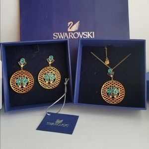 AUTHENTIC Swarovski 18k Gold Plated Cyan Pendant Necklace & Earrings SET NIB